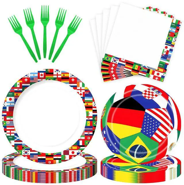 Main image of 96 Pieces Soccer Plates and Napkins Set, International Flags Disposable Tableware with Green Forks for Football Theme Game Day Birthday Sports Party Supplies, Serves 24