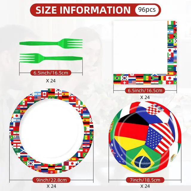 Alt view image 2 of 7 - 96 Pieces Soccer Plates and Napkins Set, International Flags Disposable Tableware with Green Forks for Football Theme Game Day Birthday Sports Party Supplies, Serves 24