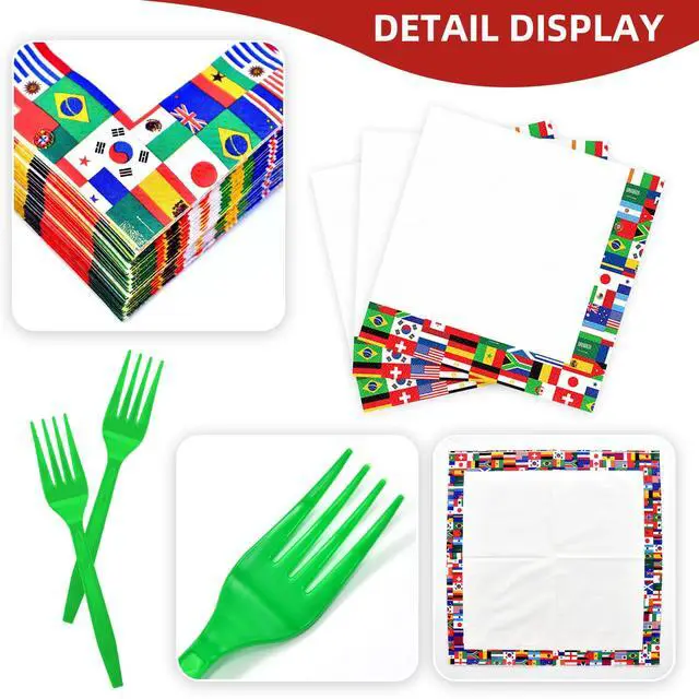 Alt view image 3 of 7 - 96 Pieces Soccer Plates and Napkins Set, International Flags Disposable Tableware with Green Forks for Football Theme Game Day Birthday Sports Party Supplies, Serves 24