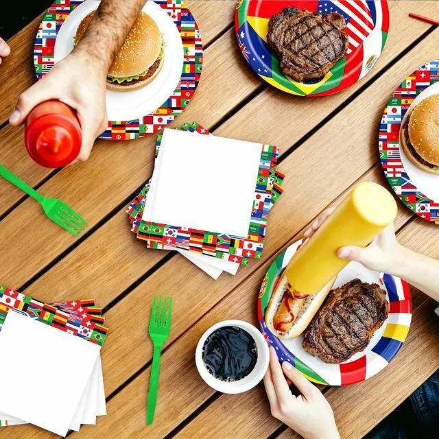 Alt view image 4 of 7 - 96 Pieces Soccer Plates and Napkins Set, International Flags Disposable Tableware with Green Forks for Football Theme Game Day Birthday Sports Party Supplies, Serves 24