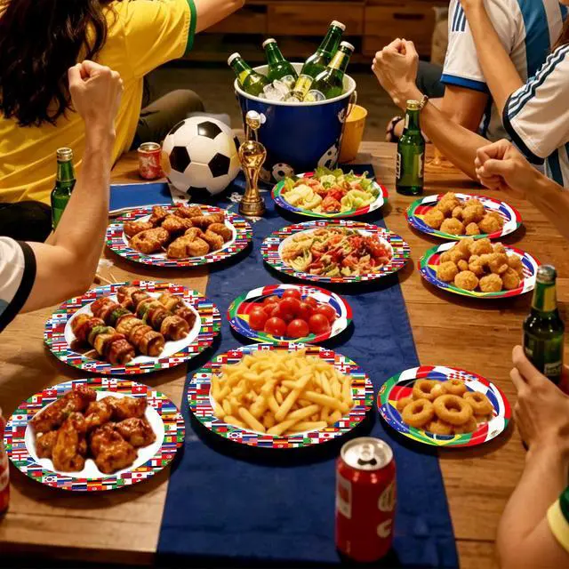 Alt view image 5 of 7 - 96 Pieces Soccer Plates and Napkins Set, International Flags Disposable Tableware with Green Forks for Football Theme Game Day Birthday Sports Party Supplies, Serves 24