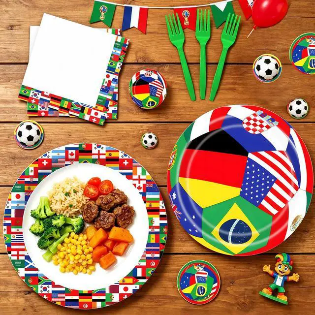 Alt view image 6 of 7 - 96 Pieces Soccer Plates and Napkins Set, International Flags Disposable Tableware with Green Forks for Football Theme Game Day Birthday Sports Party Supplies, Serves 24