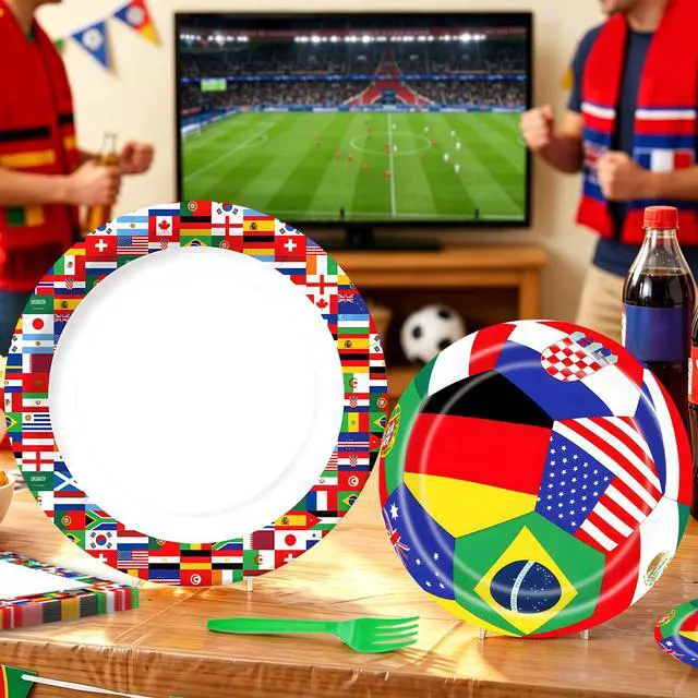 Alt view image 7 of 7 - 96 Pieces Soccer Plates and Napkins Set, International Flags Disposable Tableware with Green Forks for Football Theme Game Day Birthday Sports Party Supplies, Serves 24