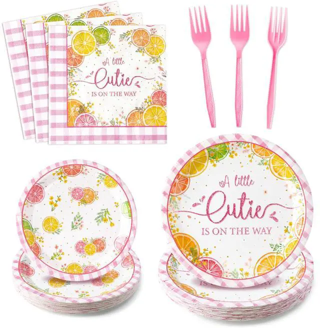 Main image of Shower Floral Citrus A Little Cutie Is On The Way Party Plate Supplies - Party Tableware Decoration Disposable Paper Plate Napkin Fork for Birthday, Serves 24 Guest