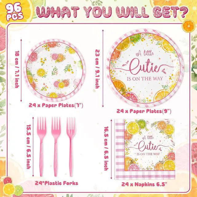 Alt view image 2 of 6 - Shower Floral Citrus A Little Cutie Is On The Way Party Plate Supplies - Party Tableware Decoration Disposable Paper Plate Napkin Fork for Birthday, Serves 24 Guest
