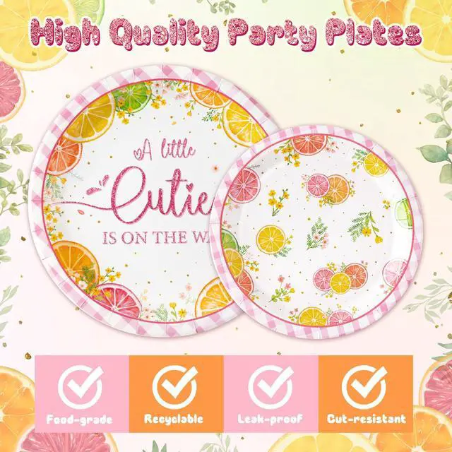 Alt view image 3 of 6 - Shower Floral Citrus A Little Cutie Is On The Way Party Plate Supplies - Party Tableware Decoration Disposable Paper Plate Napkin Fork for Birthday, Serves 24 Guest