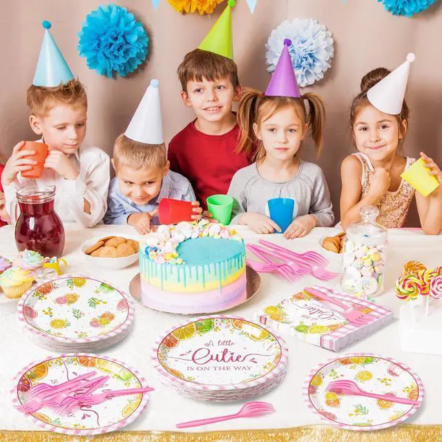 Alt view image 6 of 6 - Shower Floral Citrus A Little Cutie Is On The Way Party Plate Supplies - Party Tableware Decoration Disposable Paper Plate Napkin Fork for Birthday, Serves 24 Guest