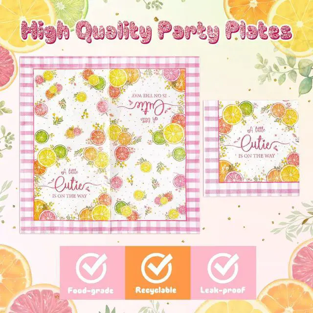 Alt view image 4 of 6 - Shower Floral Citrus A Little Cutie Is On The Way Party Plate Supplies - Party Tableware Decoration Disposable Paper Plate Napkin Fork for Birthday, Serves 24 Guest