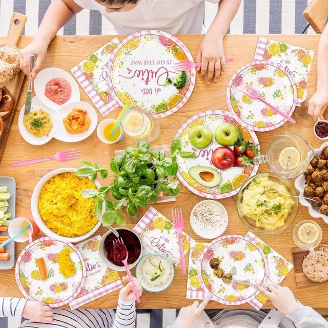 Alt view image 5 of 6 - Shower Floral Citrus A Little Cutie Is On The Way Party Plate Supplies - Party Tableware Decoration Disposable Paper Plate Napkin Fork for Birthday, Serves 24 Guest