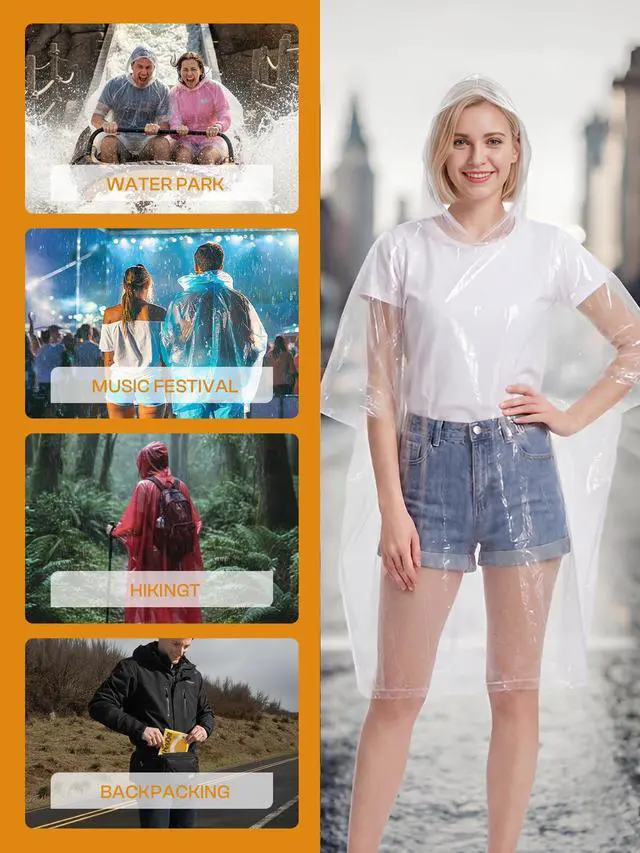 Alt view image 6 of 6 - Disposable Rain Ponchos Emergency Clear Poncho (4 pack, Clear)