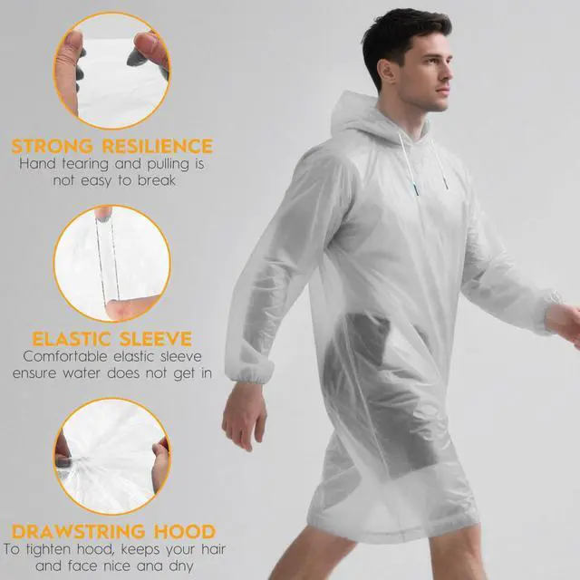 Alt view image 3 of 7 - 6 & 20 & 50 Pack Disposable Rain Ponchos for Adults/Youth, Waterproof PE Raincoats with Drawstring, Camping/Emergency