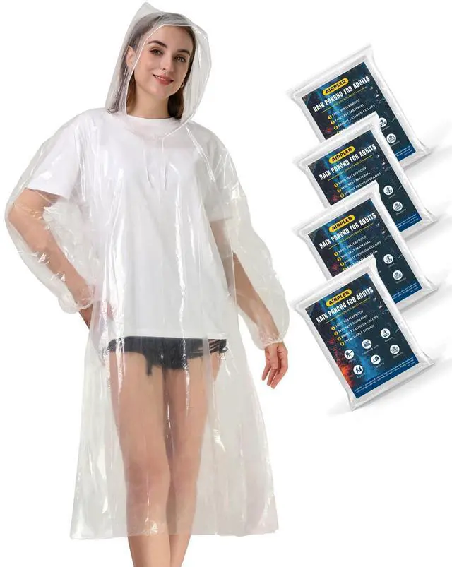 Main image of Rain Ponchos for Adults, Disposable 4-Pack Clear Family Ponchos, Emergency Ponchos with Hood for Travel & Outdoor