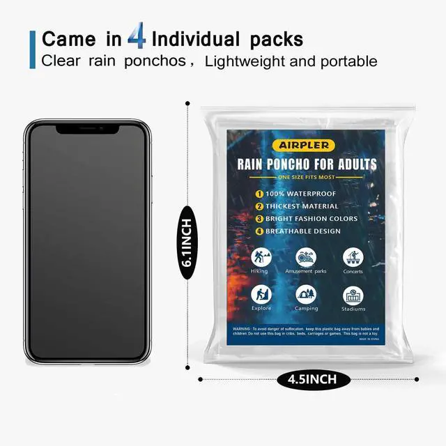 Alt view image 5 of 7 - Rain Ponchos for Adults, Disposable 4-Pack Clear Family Ponchos, Emergency Ponchos with Hood for Travel & Outdoor