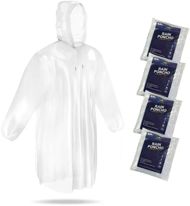 Main image of Mindful Design Rain Ponchos with Drawstring Hood (4 Pack) Disposable Emergency Clear Poncho for Adults