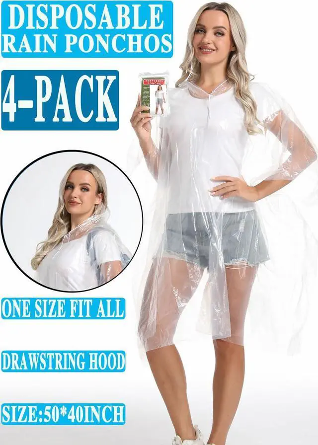 Alt view image 7 of 7 - Disposable Adults Clear Rain Ponchos,Emergency Transparent Waterproof Raincoats Outdoor Rain Jackets 4 Pcs