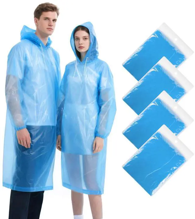Main image of 4 Pack Disposable Rain Ponchos for Adults, Emergency Ponchos Family Pack for Men and Women, Rain Ponchos with Hood and Sleeves Ideal for Theme Park, Daily Use