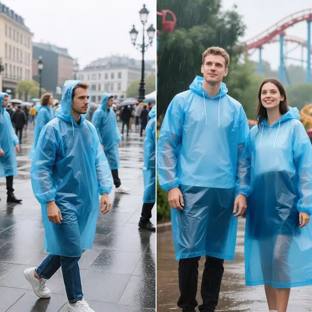 Alt view image 6 of 7 - 4 Pack Disposable Rain Ponchos for Adults, Emergency Ponchos Family Pack for Men and Women, Rain Ponchos with Hood and Sleeves Ideal for Theme Park, Daily Use
