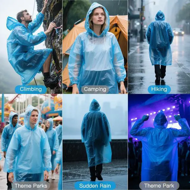Alt view image 7 of 7 - 4 Pack Disposable Rain Ponchos for Adults, Emergency Ponchos Family Pack for Men and Women, Rain Ponchos with Hood and Sleeves Ideal for Theme Park, Daily Use