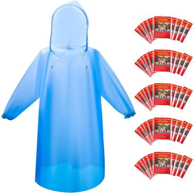 Main image of 6 & 20 & 50 Pack Disposable Rain Ponchos for Adults/Youth, Waterproof PE Raincoats with Drawstring, Camping/Emergency, Blue