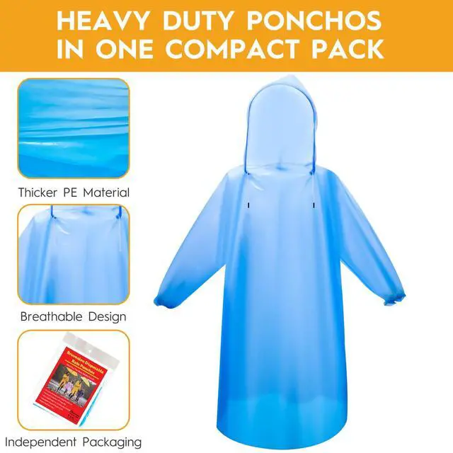 Alt view image 2 of 7 - 6 & 20 & 50 Pack Disposable Rain Ponchos for Adults/Youth, Waterproof PE Raincoats with Drawstring, Camping/Emergency, Blue