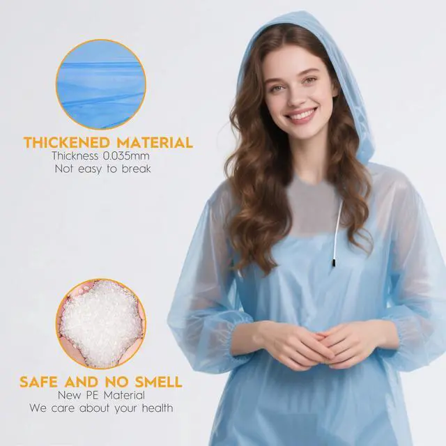 Alt view image 4 of 7 - 6 & 20 & 50 Pack Disposable Rain Ponchos for Adults/Youth, Waterproof PE Raincoats with Drawstring, Camping/Emergency, Blue