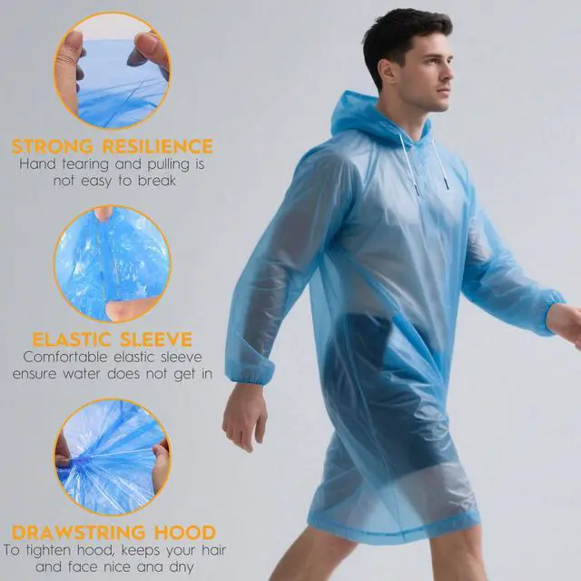 Alt view image 3 of 7 - 6 & 20 & 50 Pack Disposable Rain Ponchos for Adults/Youth, Waterproof PE Raincoats with Drawstring, Camping/Emergency, Blue