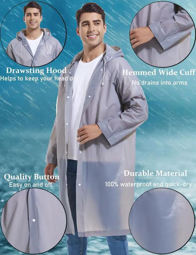 Alt view image 5 of 7 - Rain Ponchos for Adults Reusable 2Pcs Raincoats Emergency Survival With Hoods And Sleeves for Women Men Grey