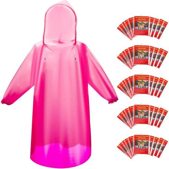 Main image of 6 & 20 & 50 Pack Disposable Rain Ponchos for Adults/Youth, Waterproof PE Raincoats with Drawstring, Camping/Emergency, Pink