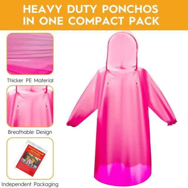 Alt view image 2 of 7 - 6 & 20 & 50 Pack Disposable Rain Ponchos for Adults/Youth, Waterproof PE Raincoats with Drawstring, Camping/Emergency, Pink
