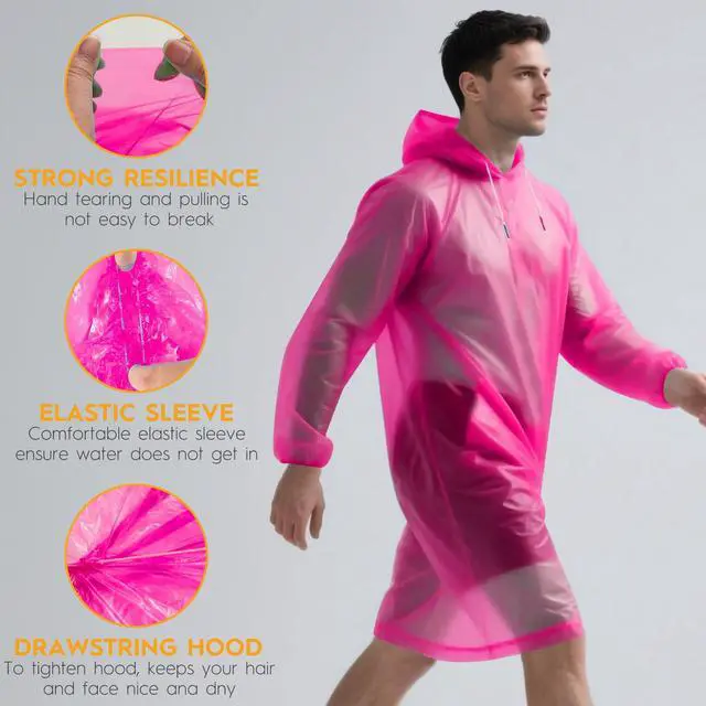 Alt view image 3 of 7 - 6 & 20 & 50 Pack Disposable Rain Ponchos for Adults/Youth, Waterproof PE Raincoats with Drawstring, Camping/Emergency, Pink