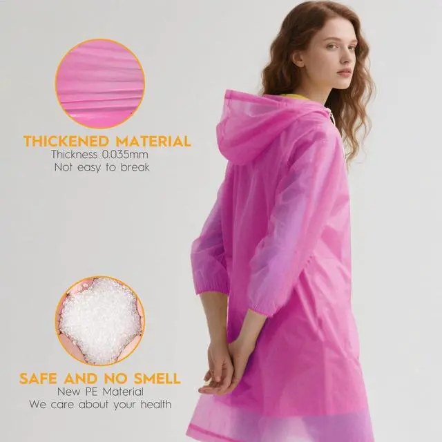 Alt view image 4 of 7 - 6 & 20 & 50 Pack Disposable Rain Ponchos for Adults/Youth, Waterproof PE Raincoats with Drawstring, Camping/Emergency, Pink