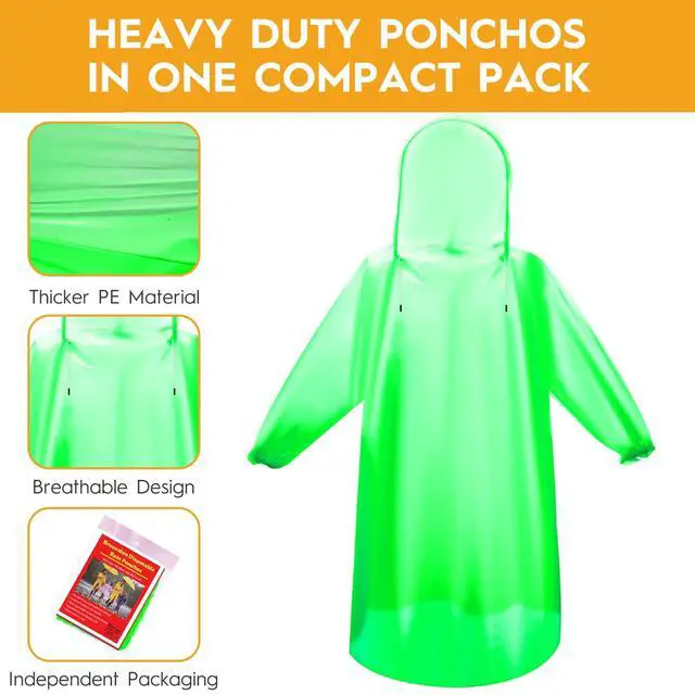 Alt view image 2 of 7 - 6 & 20 & 50 Pack Disposable Rain Ponchos for Adults/Youth, Waterproof PE Raincoats with Drawstring, Camping/Emergency, Green