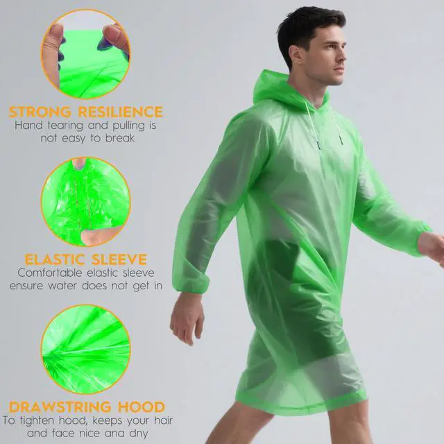 Alt view image 3 of 7 - 6 & 20 & 50 Pack Disposable Rain Ponchos for Adults/Youth, Waterproof PE Raincoats with Drawstring, Camping/Emergency, Green