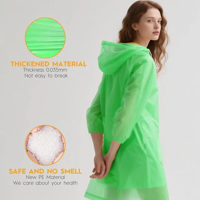 Alt view image 4 of 7 - 6 & 20 & 50 Pack Disposable Rain Ponchos for Adults/Youth, Waterproof PE Raincoats with Drawstring, Camping/Emergency, Green