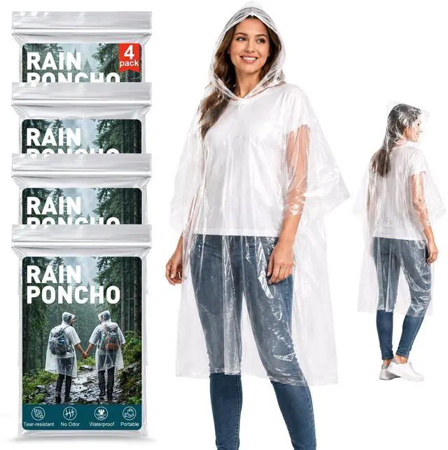 Main image of Disposable Rain Ponchos for Adults, 4 Pack Clear Ponchos with Hood, 40 x 50 Inches Lightweight Emergency Poncho, Compact Family Pack, Individually Packed for Travel, Camping & Hiking