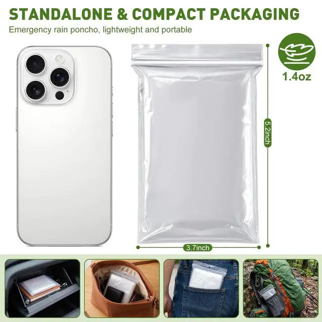 Alt view image 3 of 7 - Disposable Rain Ponchos for Adults, 4 Pack Clear Ponchos with Hood, 40 x 50 Inches Lightweight Emergency Poncho, Compact Family Pack, Individually Packed for Travel, Camping & Hiking