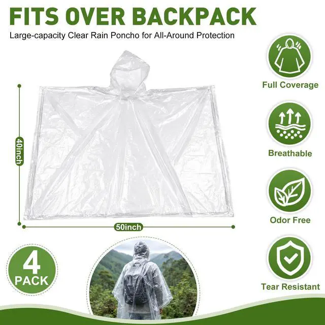 Alt view image 4 of 7 - Disposable Rain Ponchos for Adults, 4 Pack Clear Ponchos with Hood, 40 x 50 Inches Lightweight Emergency Poncho, Compact Family Pack, Individually Packed for Travel, Camping & Hiking