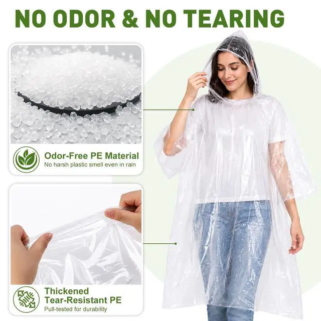 Alt view image 7 of 7 - Disposable Rain Ponchos for Adults, 4 Pack Clear Ponchos with Hood, 40 x 50 Inches Lightweight Emergency Poncho, Compact Family Pack, Individually Packed for Travel, Camping & Hiking