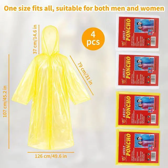 Alt view image 2 of 7 - 4-Pack Disposable Rain Ponchos for Adults - Long Emergency Poncho Rain Poncho for Camping Hiking Travelling, Waterproof Hooded Raincoat for Women & Men, Home Survival Kits