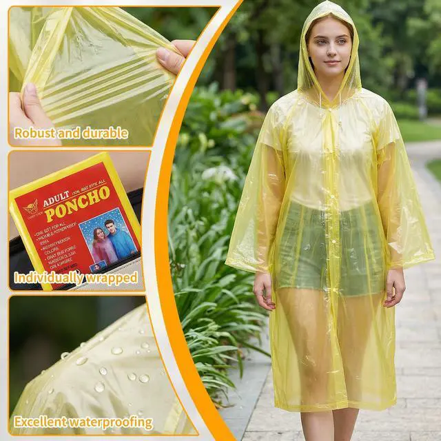Alt view image 4 of 7 - 4-Pack Disposable Rain Ponchos for Adults - Long Emergency Poncho Rain Poncho for Camping Hiking Travelling, Waterproof Hooded Raincoat for Women & Men, Home Survival Kits