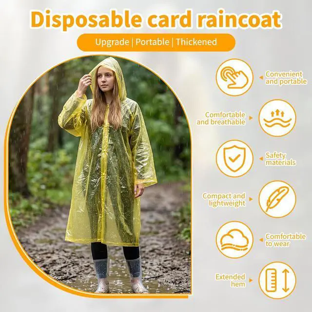 Alt view image 5 of 7 - 4-Pack Disposable Rain Ponchos for Adults - Long Emergency Poncho Rain Poncho for Camping Hiking Travelling, Waterproof Hooded Raincoat for Women & Men, Home Survival Kits