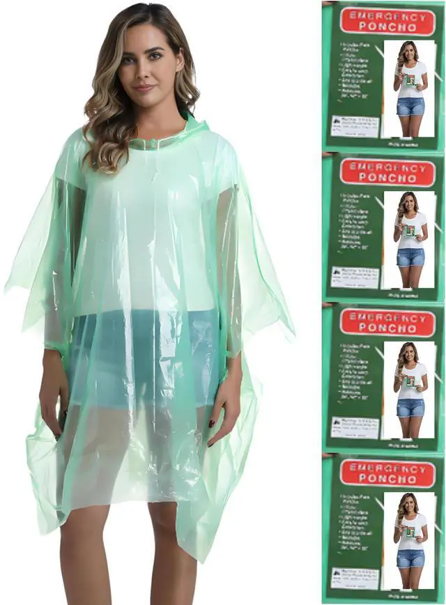 Main image of 4 Pack Disposable Rain Ponchos for Adults - Emergency Rain Poncho for Camping Hiking Travelling Green