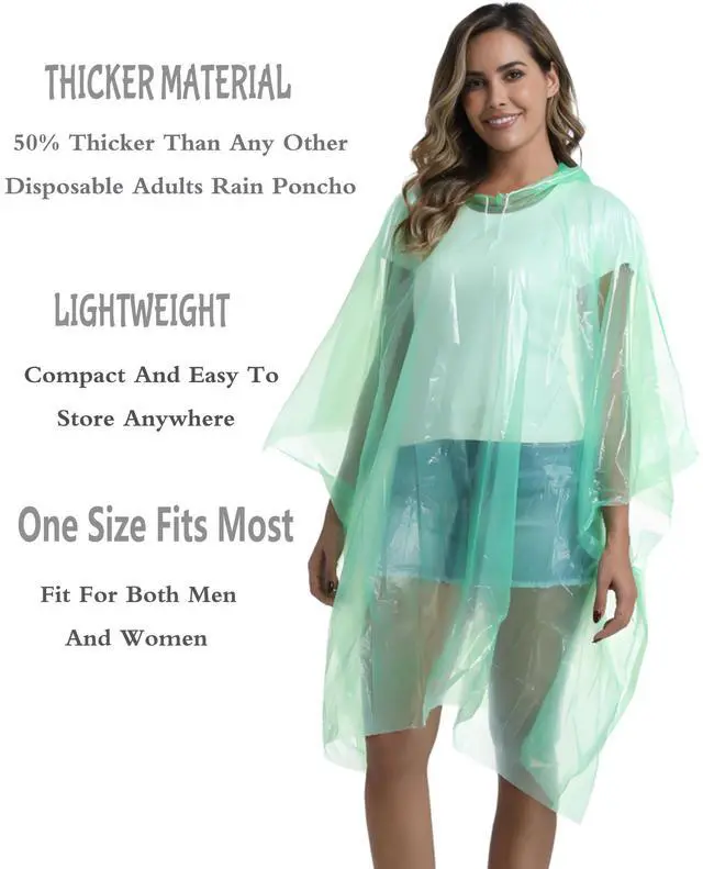 Alt view image 3 of 4 - 4 Pack Disposable Rain Ponchos for Adults - Emergency Rain Poncho for Camping Hiking Travelling Green