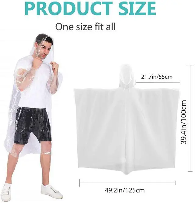 Alt view image 2 of 7 - Rain Ponchos, Emergency Disposable Rain Poncho with Drawstring Hood&Waterproof Plastic for Adults&Teens (Clear 10 Pack)