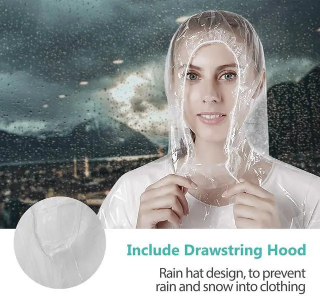 Alt view image 5 of 7 - Rain Ponchos, Emergency Disposable Rain Poncho with Drawstring Hood&Waterproof Plastic for Adults&Teens (Clear 10 Pack)