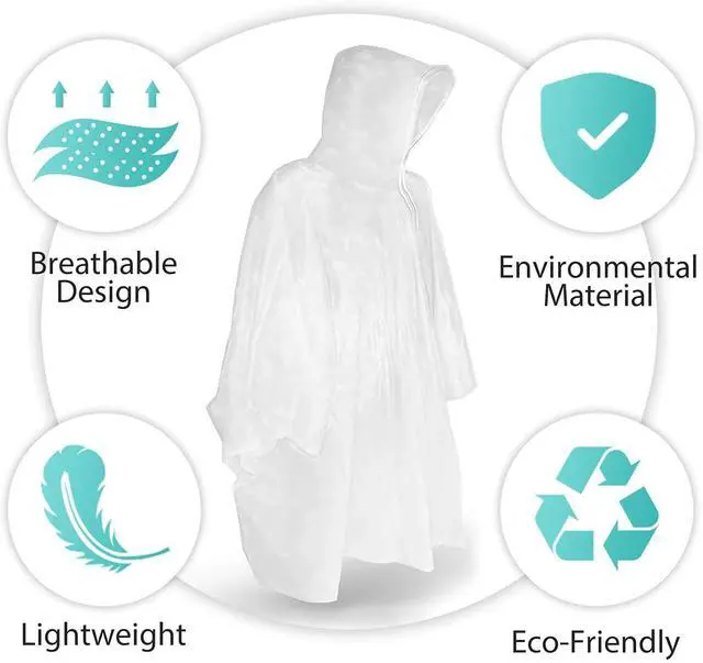 Alt view image 4 of 7 - Rain Ponchos, Emergency Disposable Rain Poncho with Drawstring Hood&Waterproof Plastic for Adults&Teens (Clear 10 Pack)