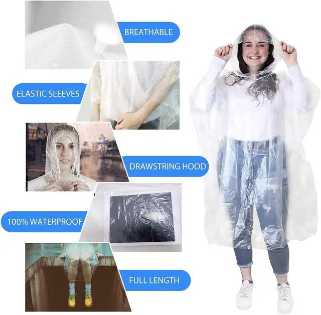 Alt view image 6 of 7 - Rain Ponchos, Emergency Disposable Rain Poncho with Drawstring Hood&Waterproof Plastic for Adults&Teens (Clear 10 Pack)