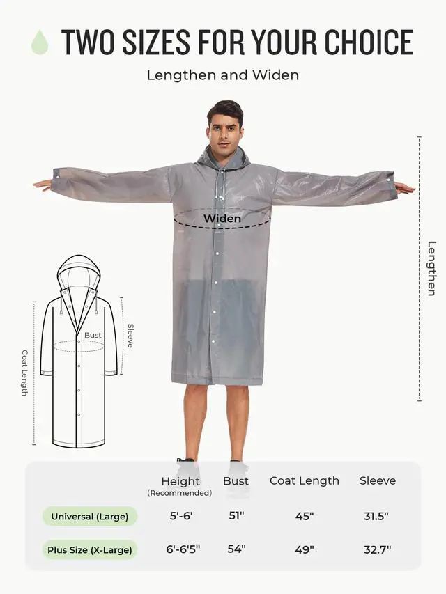 Alt view image 2 of 6 - Extra Long Rain Ponchos for Adults - EVA Rain Coats Waterproof Unisex Rain Jacket with Drawstring Hood (1Pack, Grey, Universal)