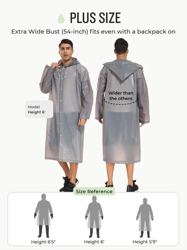 Alt view image 4 of 6 - Extra Long Rain Ponchos for Adults - EVA Rain Coats Waterproof Unisex Rain Jacket with Drawstring Hood (1Pack, Grey, Universal)