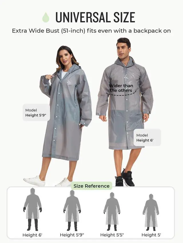 Alt view image 3 of 6 - Extra Long Rain Ponchos for Adults - EVA Rain Coats Waterproof Unisex Rain Jacket with Drawstring Hood (1Pack, Grey, Universal)